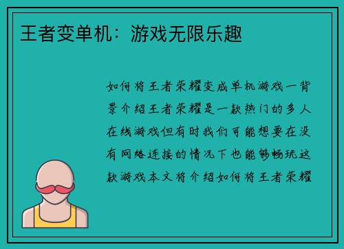 王者变单机：游戏无限乐趣